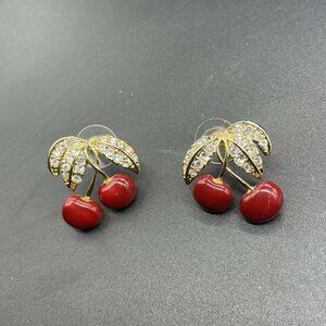 NWOB Vintage 1990's Joan Rivers Cherry Rhinestone Pierced Earrings
